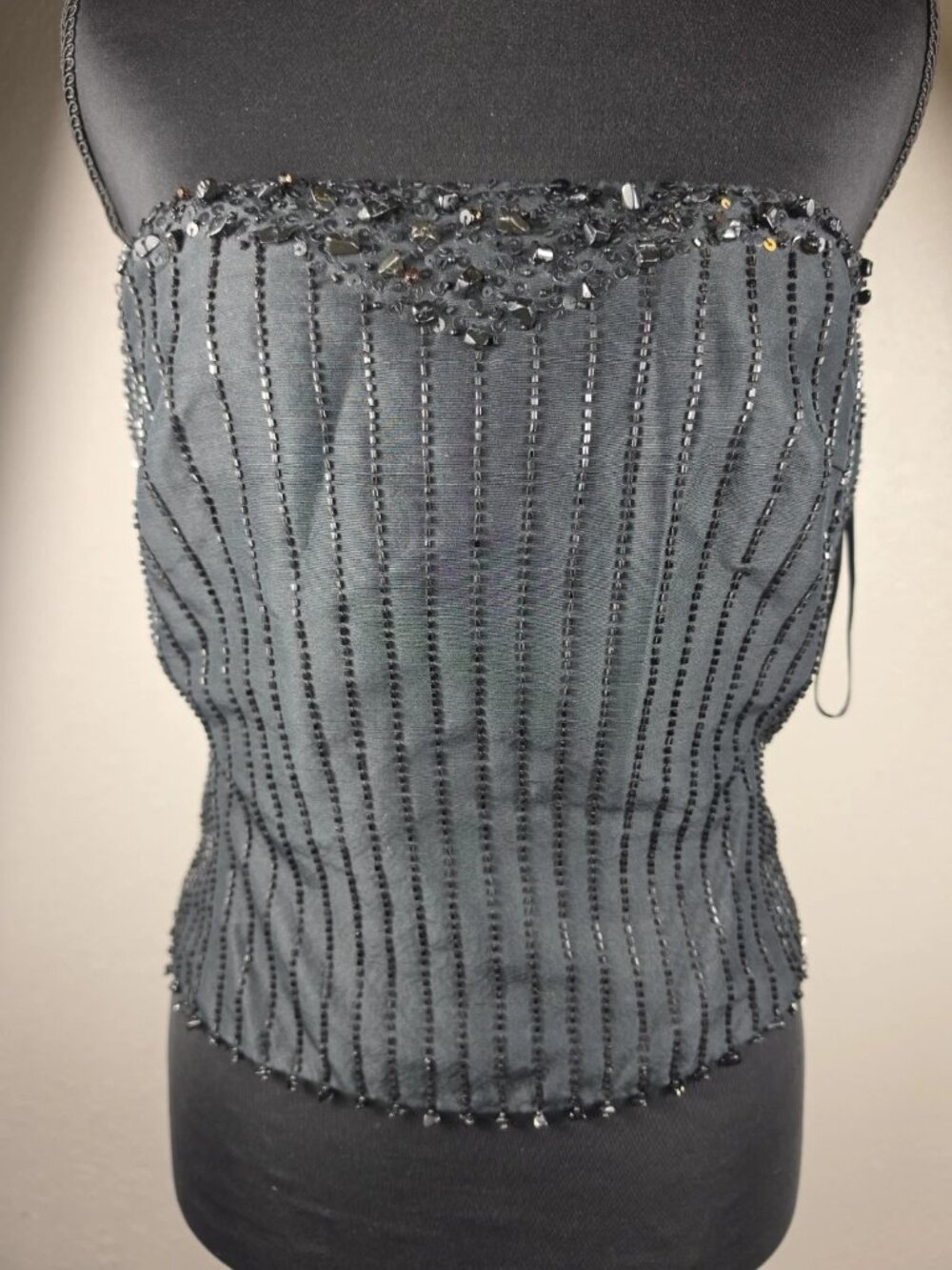 CACHE Vintage Black Lace Bustier Corset Tank Top Size 6 Rhinestone EUC Goth Silk